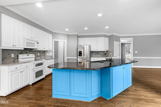 kitchen featuring white appliances, dark wood-type flooring, and ornamental molding