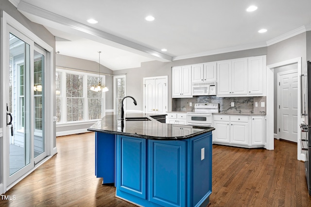 kitchen featuring dark wood-type flooring, a sink, backsplash, white cabinetry, and white appliances