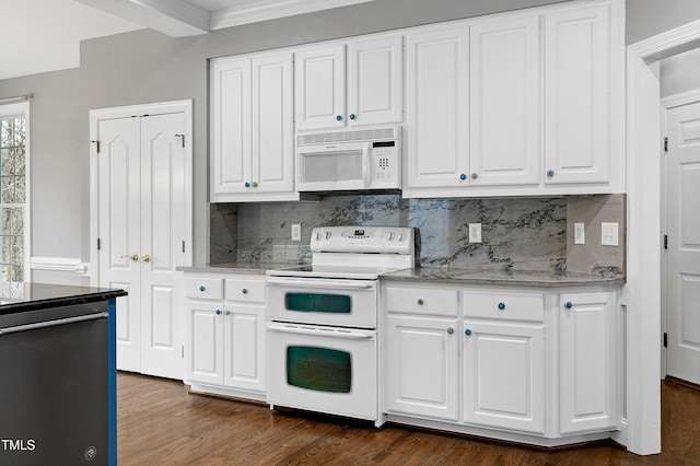 kitchen featuring white cabinets, white appliances, and dark wood-style flooring