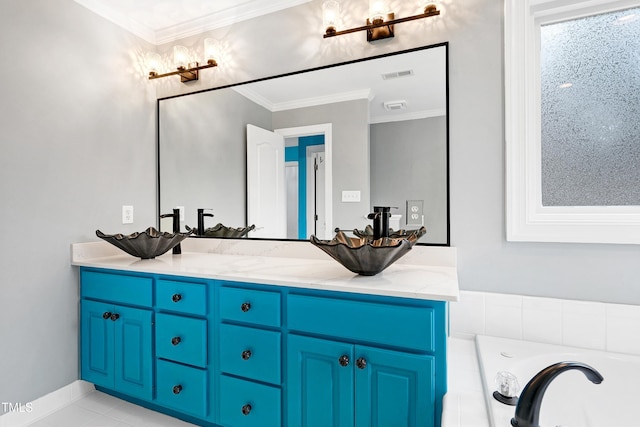 full bathroom with double vanity, visible vents, and ornamental molding