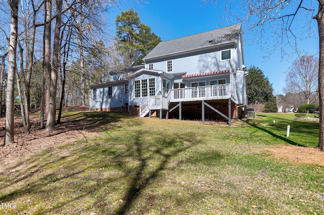 back of house with stairway, a lawn, cooling unit, and a wooden deck