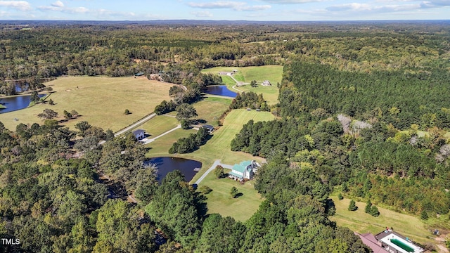 bird's eye view featuring a water view and a wooded view