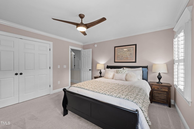 bedroom with ornamental molding, multiple windows, and light colored carpet