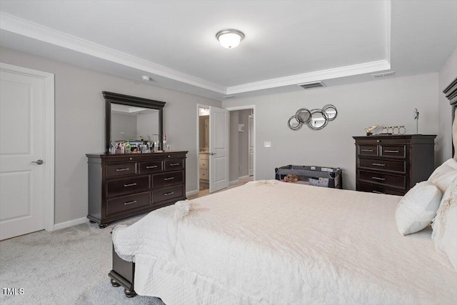 bedroom featuring light carpet, crown molding, visible vents, and baseboards