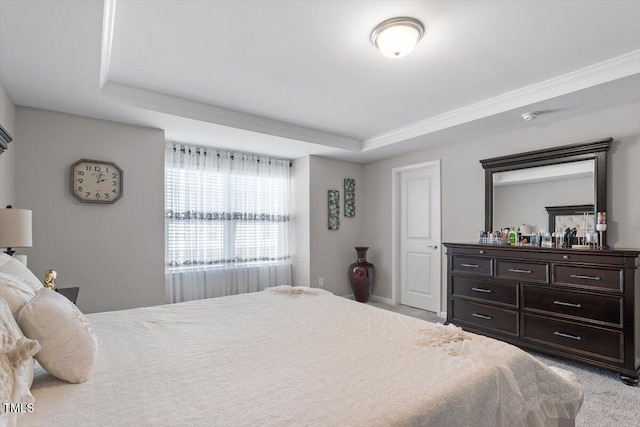 bedroom featuring carpet and a raised ceiling