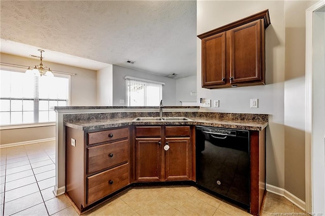 kitchen featuring a sink, dark countertops, a peninsula, and dishwasher