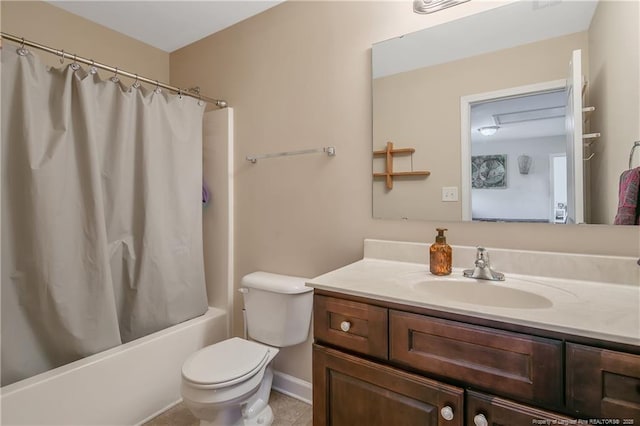 bathroom with shower / tub combo, vanity, toilet, and tile patterned floors