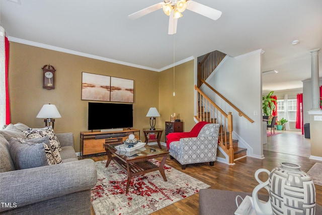 11843 Canemount St, Raleigh, NC 27614 - living area featuring stairway, wood finished floors, ceiling fan, and crown molding