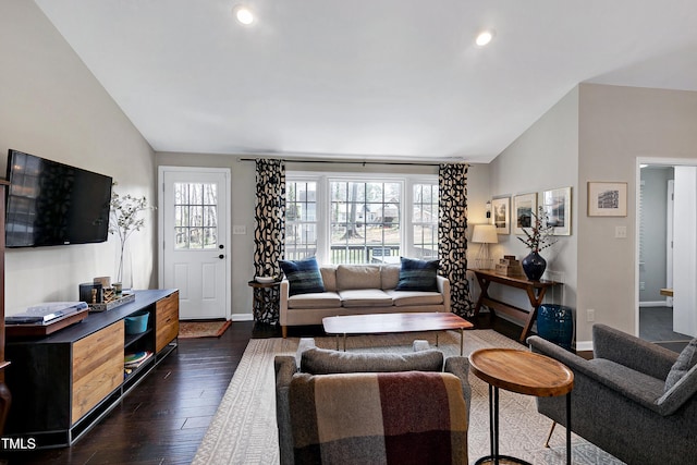 living area with dark wood-style floors, recessed lighting, baseboards, and lofted ceiling