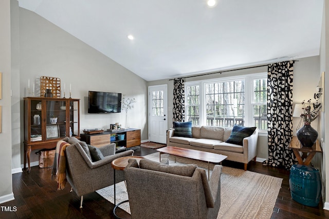 living room featuring recessed lighting, baseboards, dark wood-type flooring, and high vaulted ceiling