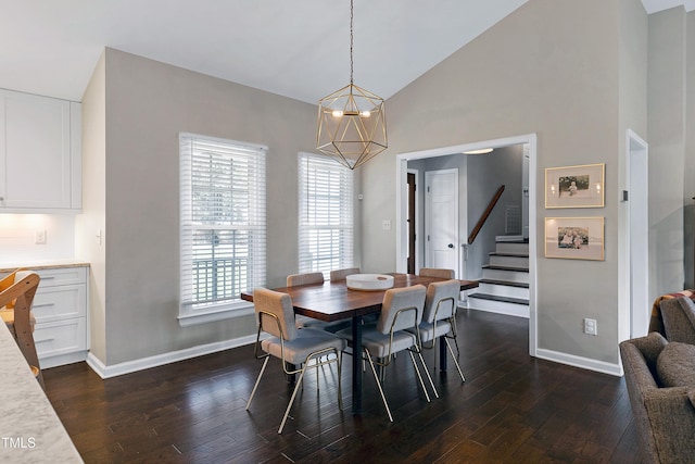 dining space with a chandelier, stairway, baseboards, and dark wood-style flooring