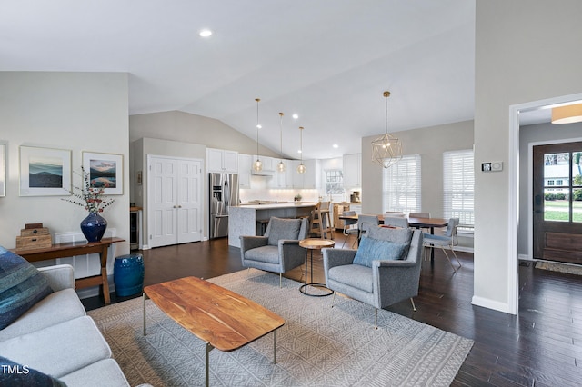 living area with recessed lighting, high vaulted ceiling, dark wood-type flooring, and baseboards