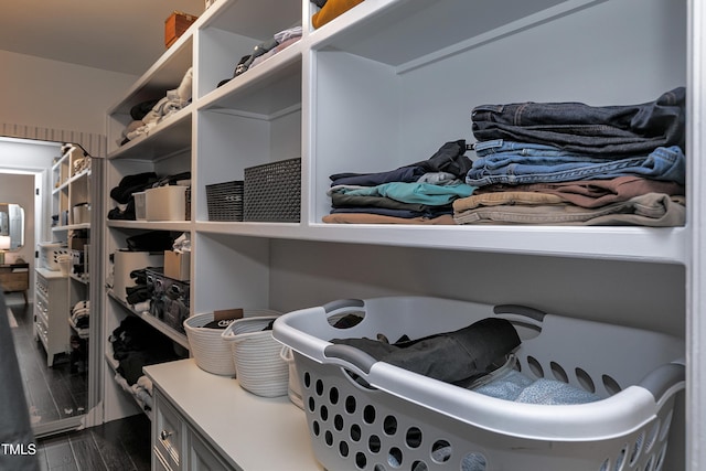 walk in closet with dark wood-type flooring