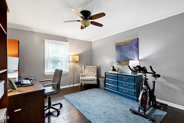 home office with ornamental molding, baseboards, ceiling fan, and dark wood-style flooring