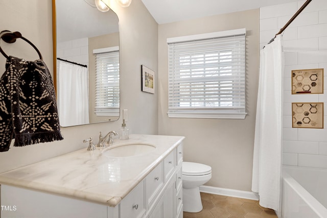 full bathroom featuring toilet, tile patterned flooring, shower / bath combination with curtain, baseboards, and vanity