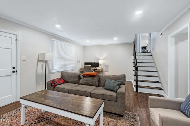 living area featuring visible vents, ornamental molding, dark wood-style floors, recessed lighting, and stairway