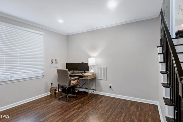 office space with visible vents, wood finished floors, and ornamental molding