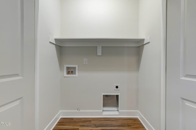 clothes washing area featuring hookup for a washing machine, hookup for an electric dryer, gas dryer hookup, and dark wood-style floors