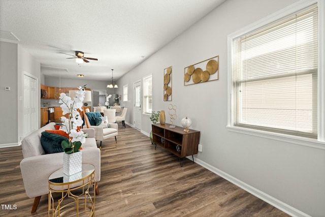 living area featuring dark wood-style floors, a textured ceiling, ceiling fan with notable chandelier, and baseboards