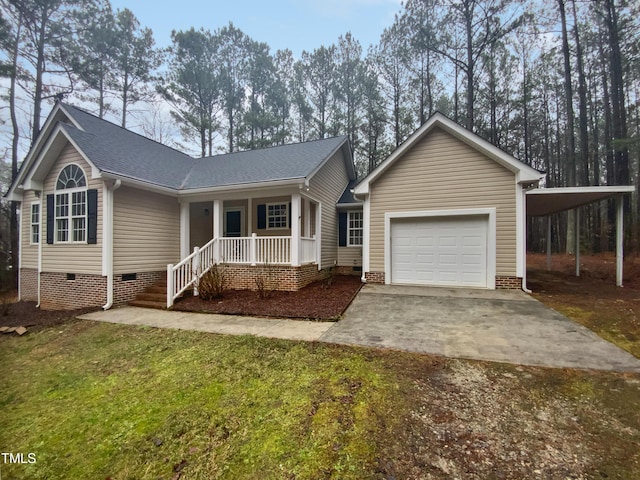 single story home featuring crawl space, driveway, a porch, and a carport