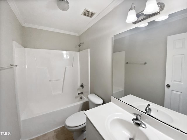 bathroom with bathtub / shower combination, toilet, vanity, visible vents, and crown molding