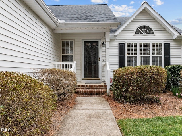 doorway to property with roof with shingles