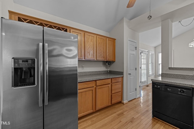 kitchen with ceiling fan, stainless steel fridge with ice dispenser, dishwasher, light wood-style flooring, and brown cabinets