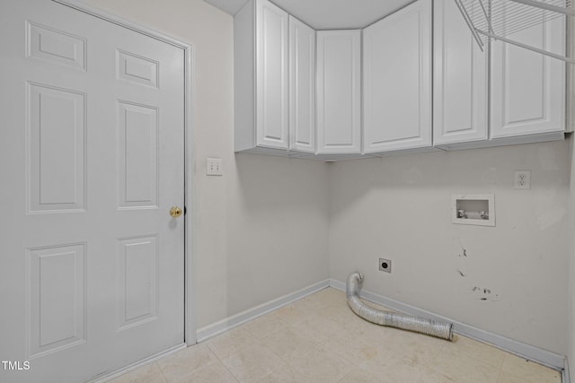 laundry room with baseboards, cabinet space, hookup for an electric dryer, and hookup for a washing machine