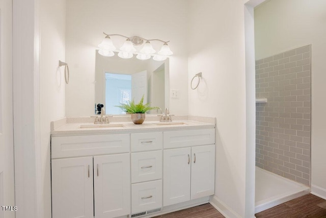 bathroom featuring double vanity, wood finished floors, and a sink