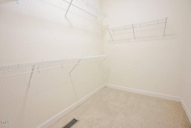 walk in closet featuring light carpet