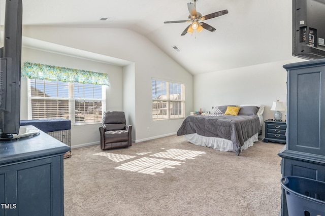 bedroom featuring lofted ceiling, light carpet, a ceiling fan, visible vents, and baseboards