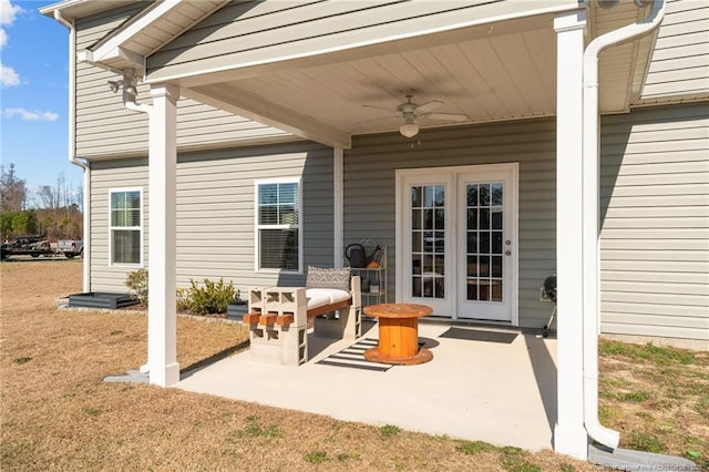 view of patio with ceiling fan and french doors