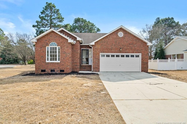 single story home featuring brick siding, concrete driveway, crawl space, fence, and a garage