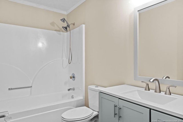 full bath with ornamental molding, washtub / shower combination, vanity, and toilet