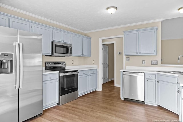 kitchen featuring light countertops, appliances with stainless steel finishes, a sink, and light wood-style floors