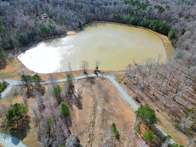 birds eye view of property featuring a water view and a view of trees