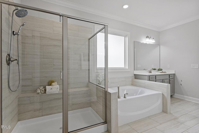 bathroom with a stall shower, baseboards, ornamental molding, vanity, and a bath