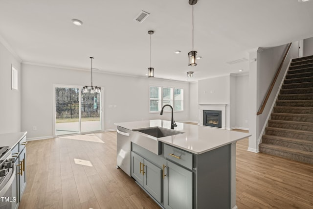 kitchen with gray cabinetry, stainless steel appliances, a sink, open floor plan, and light countertops