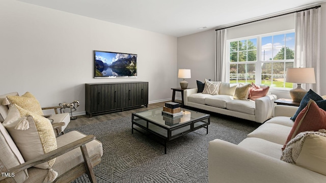 living area with baseboards, wood finished floors, and radiator