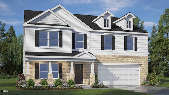 view of front of property with a garage, driveway, brick siding, and a front lawn