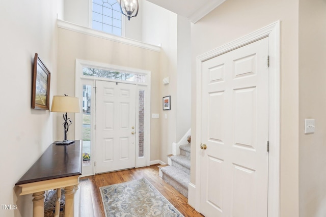 entryway featuring stairway, a high ceiling, and wood finished floors