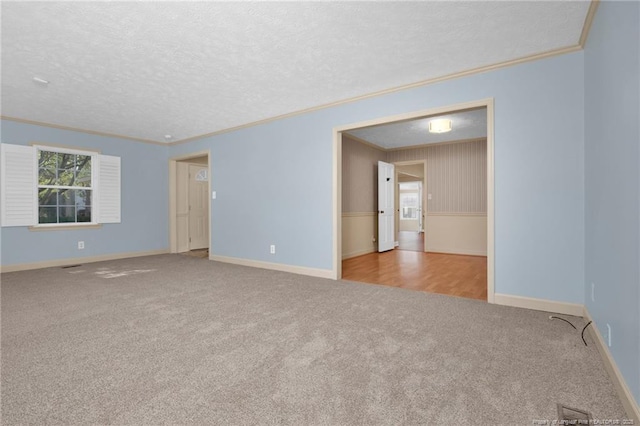 carpeted empty room featuring a healthy amount of sunlight, crown molding, and a textured ceiling