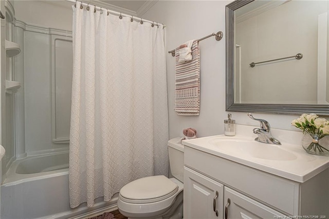 bathroom featuring ornamental molding, vanity, toilet, and shower / bathtub combination with curtain