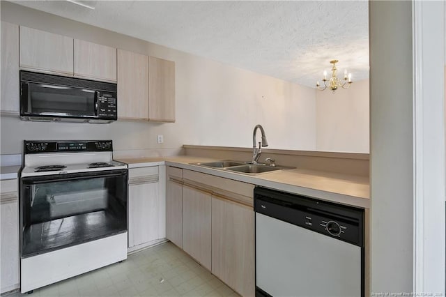 kitchen with electric range, light brown cabinetry, white dishwasher, a sink, and black microwave