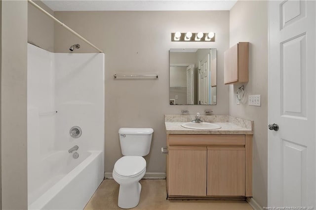 full bath with  shower combination, vanity, toilet, and baseboards