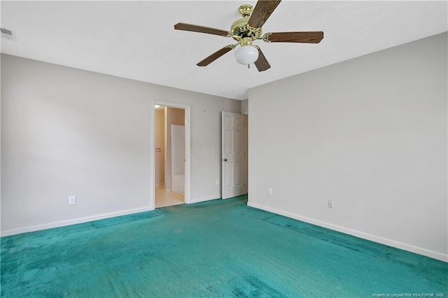 unfurnished bedroom featuring carpet floors, ceiling fan, and baseboards