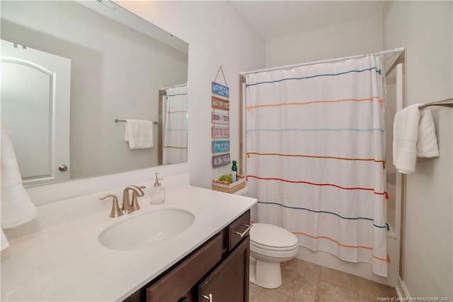 bathroom with toilet, shower / bathtub combination with curtain, and vanity