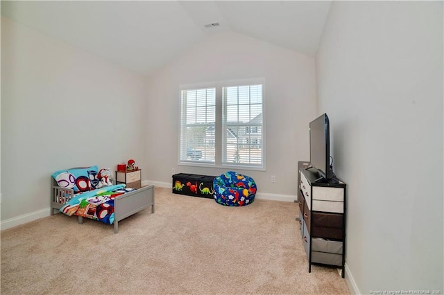 game room featuring carpet, visible vents, vaulted ceiling, and baseboards