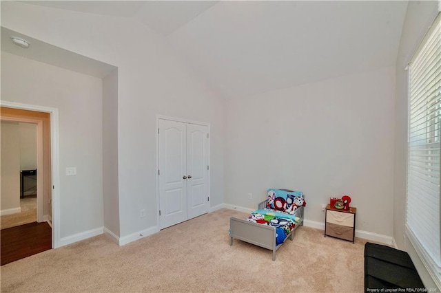 game room with high vaulted ceiling, carpet flooring, and baseboards