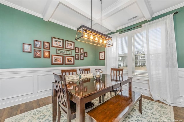 dining room with visible vents, dark wood-style flooring, beamed ceiling, and wainscoting